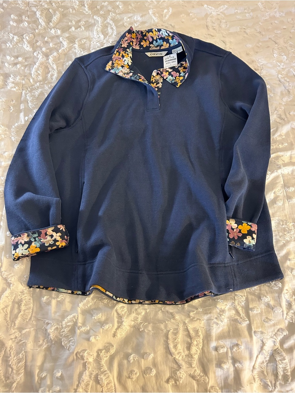 Orvis Navy Kids Long-Sleeve Polo with Floral Trim